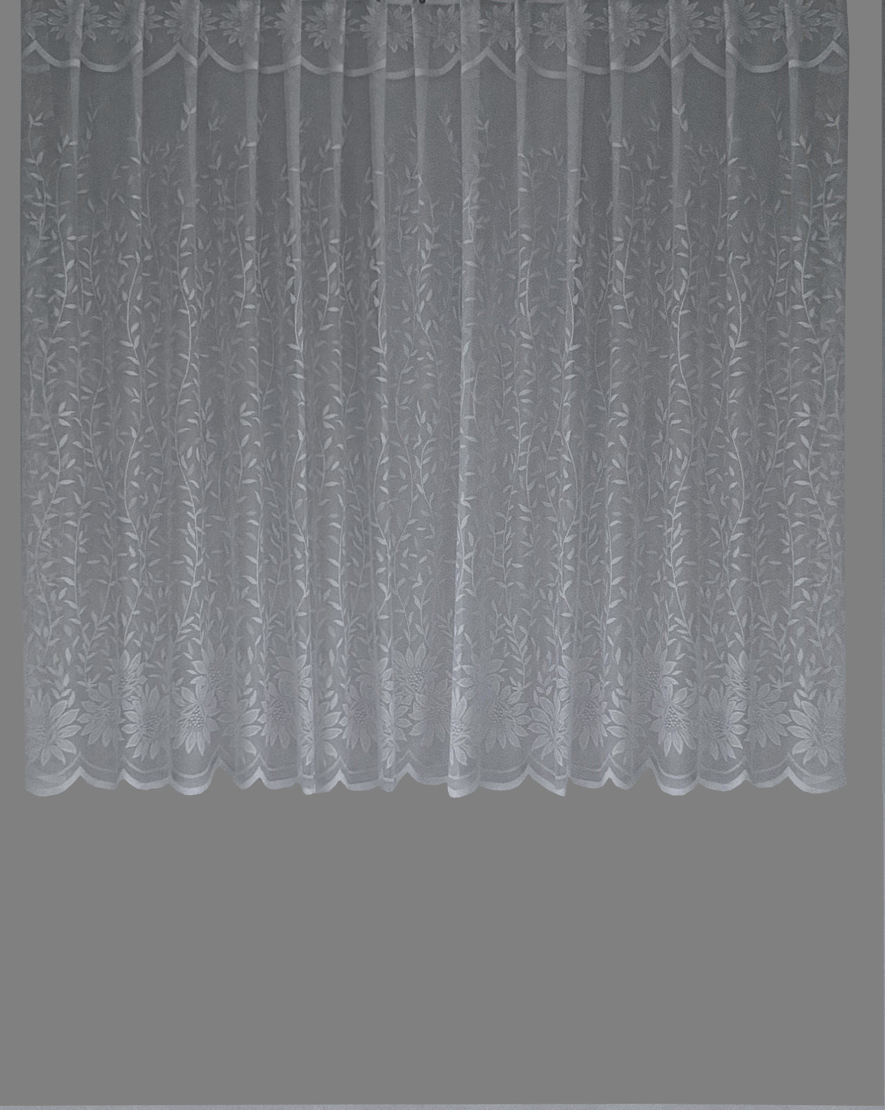 Valged, lillelise mustriga pitskardinad: kõrgus-150cm