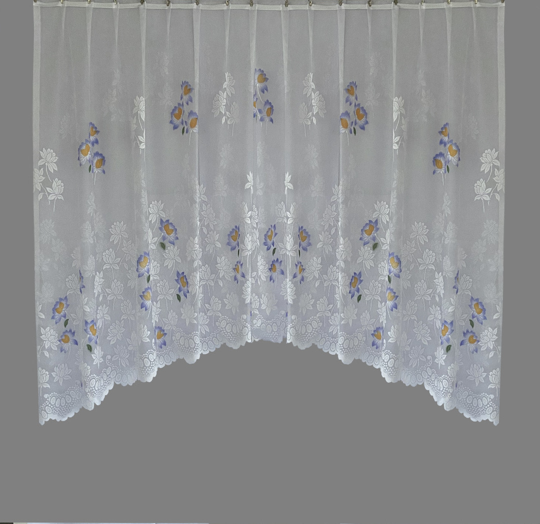 Kaarega pitskardin: Valgel põhjal sinised lilled+kollane süda.